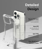 iPhone 14 Pro Max Case | Fusion Bumper - Clear phone case features labeled for square bumper, hard PC, soft TPU, and lanyard holes.