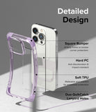 iPhone 14 Pro Max Case | Fusion Bumper - Exploded view of a purple bumper case highlighting square corners, PC/TPU materials, and lanyard holes.