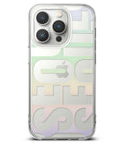 iPhone 14 Pro Max Case | Fusion Design - Clear phone case with layered, pastel-colored geometric typography and Apple logo.