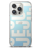 iPhone 14 Pro Max Case | Fusion Design - Clear phone case with large white abstract typography over a light blue background.