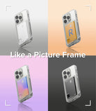 iPhone 14 Pro Max Case | Fusion Card - Four clear phone cases with different colored cards inserted against varied backgrounds.