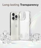 iPhone 14 Pro Max Case | Fusion Card - Clear phone case and iPhone 14 Pro Max surrounded by ice cubes on a white surface.