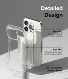 iPhone 14 Pro Max Case | Fusion Card - Diagram showing clear phone case features: hard PC back, soft TPU sides, and lanyard holes.