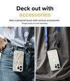 iPhone 14 Pro Max Case | Fusion Design - Two iPhone cases with floral and text designs worn around the neck with straps.