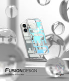 iPhone 14 Pro Max Case | Fusion Design - Clear phone case with blue graphic pattern floating among glass spheres.