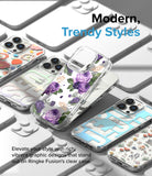 iPhone 14 Pro Max Case | Fusion Design - Multiple clear iPhone cases with floral and graphic designs arranged on a white surface.