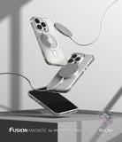 [Combo] iPhone 14 Pro Max | Folio Wallet Magnetic + Fusion Magnetic - Three clear iPhone 14 Pro Max cases floating with magnetic chargers against a light gray background.