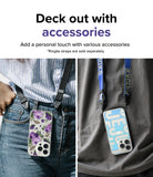 iPhone 14 Pro Max Case | Fusion Design - Two iPhone 14 Pro Max cases with floral and text designs attached to neck straps.