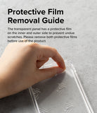 iPhone 14 Pro Max Case | Fusion Design - Hand peeling a protective film off a clear phone case against a gray background.