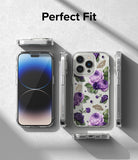 iPhone 14 Pro Max Case | Fusion Design - Clear phone case with purple roses and gold butterflies shown from all angles.