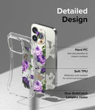 iPhone 14 Pro Max Case | Fusion Design - Clear phone case with purple rose and butterfly print, highlighting material features.