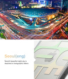 iPhone 14 Pro Case | Fusion Design - Seoul night cityscape above a close-up of a phone case with holographic design elements.