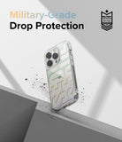 iPhone 14 Pro Max Case | Fusion Design - Clear phone case with graphic design, floating above a surface with debris.