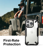 iPhone 14 Pro Max Case | Fusion-X - Rugged black and clear phone case shown against a man in a Jeep outdoors.