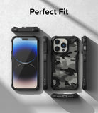 iPhone 14 Pro Max Case | Fusion-X - Exploded view of a black camo phone case showing front, back, and side profiles.