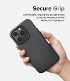 iPhone 14 Pro Max Case | Onyx - A hand holding a black textured iPhone 14 Pro Max case with text about secure grip.