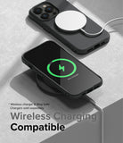 iPhone 14 Pro Max Case | Onyx - Black phone case with MagSafe charger attached and a phone screen showing charging status.