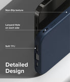 iPhone 14 Pro Max Case | Onyx - Close-up of blue phone case highlighting non-slip texture, lanyard holes, and soft TPU.