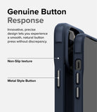 iPhone 14 Pro Max Case | Onyx - Close-up of navy phone case showing textured sides and metallic buttons with descriptive text.