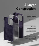 iPhone 14 Pro Max Case | Silicone - Exploded view showing liquid silicone, polycarbonate, and microfiber lining layers.