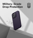 iPhone 14 Pro Max Case | Silicone - Purple silicone phone case floating above a gray surface with debris and military-grade protection text.