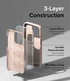 iPhone 14 Pro Max Case | Silicone - Exploded view showing liquid silicone, polycarbonate, and microfiber lining layers.