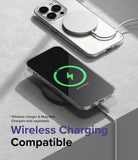 iPhone 14 Pro Case | Slim - Clear phone case on an iPhone 14 Pro using a magnetic charger and a wireless charging pad.