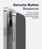 iPhone 14 Pro Max Case | Slim - Close-up of a clear phone case highlighting tactile, responsive side buttons on a smartphone.