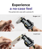 iPhone 14 Pro Max Case | Slim - Digital calipers measuring the thickness of a slim phone case compared to a credit card.