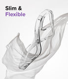iPhone 14 Pro Case | Air - Clear, flexible phone case wrapped in flowing white fabric with Slim & Flexible text overlay.