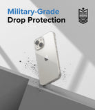 iPhone 14 Plus Case | Air - Clear phone case on a geometric background with text highlighting military-grade drop protection.