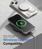iPhone 14 Plus Case | Air - Clear phone case showing MagSafe and wireless charging functionality on a gray surface.