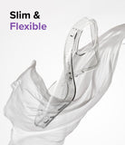 iPhone 14 Pro Case | Air - A clear, glittery phone case wrapped in flowing white fabric with the text Slim & Flexible.