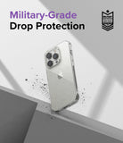 iPhone 14 Pro Case | Air - Clear phone case with military-grade drop protection badge and debris effect on a grey background.