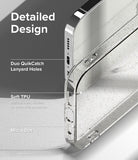 iPhone 14 Pro Case | Air - Close-up of a clear, glittery phone case highlighting lanyard holes, soft TPU material, and micro-dots.