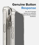 iPhone 14 Plus Case | Air - A clear, glitter-flecked phone case on an iPhone, highlighting the tactile side buttons.