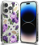 iPhone 14 Pro Case | Fusion Design - Clear phone case featuring purple roses, green leaves, and gold butterfly outlines.