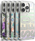 iPhone 14 Pro Max Case | Fusion Design - Five clear iPhone 14 Pro Max cases featuring floral, abstract, and gradient designs.