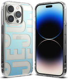 iPhone 14 Pro Case | Fusion Design - Clear phone case with blue gradient and large white text on back, showing front and back.