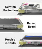 iPhone 14 Pro Case | Fusion Plus - Close-ups of a clear phone case highlighting scratch protection, raised bezels, and cutouts.