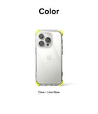 iPhone 14 Pro Case | Fusion Plus - Clear phone case with lime green corner bumpers on an iPhone 14 Pro.