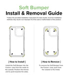 iPhone 14 Pro Case | Fusion Plus - Diagram showing installation and removal steps for a soft bumper case with arrows.