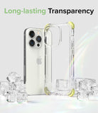iPhone 14 Pro Case | Fusion Plus - Clear phone case with yellow corners next to an iPhone 14 Pro amidst ice cubes.