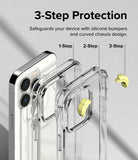 iPhone 14 Pro Case | Fusion Plus - Diagram showing 3-step protection with clear phone case layers and yellow silicone bumpers.