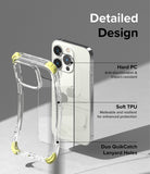 iPhone 14 Pro Case | Fusion Plus - Clear phone case with yellow corner bumpers, highlighting PC, TPU, and lanyard features.