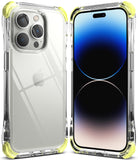 iPhone 14 Pro Max Case | Fusion Plus - Clear protective case with neon yellow corner bumpers on an iPhone 14 Pro Max.