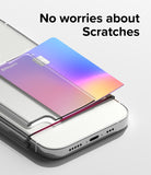 iPhone 14 Pro Case | Fusion Card - A gradient credit card sliding into a clear phone case with text No worries about Scratches.