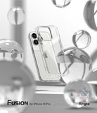 iPhone 14 Pro Case | Fusion - Clear protective case floating in front of a white iPhone 14 Pro amidst glass spheres.