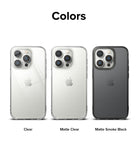 iPhone 14 Pro Case | Fusion - Three iPhone 14 Pro phones in Clear, Matte Clear, and Matte Smoke Black cases side by side.