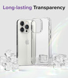 iPhone 14 Pro Case | Fusion - Clear phone case and iPhone 14 Pro standing among ice cubes with Long-lasting Transparency text.